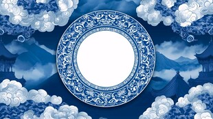 青花瓷盘与中式山水背景