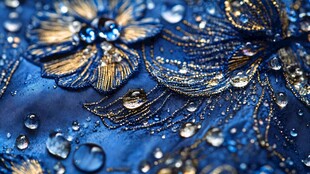 蓝底绣品上的晶莹水珠