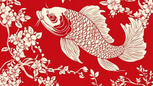 红底锦鲤花卉吉祥图案