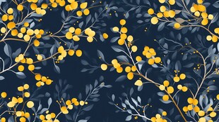 深蓝色底黄色浆果枝叶图案