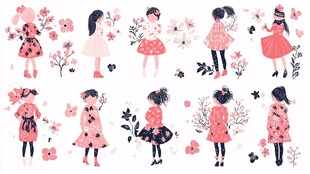 可爱少女与花卉插画图案