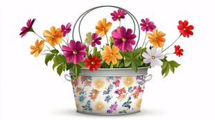 花饰桶中多彩花卉盛放