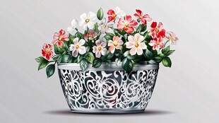 雕花盆栽中的多彩花卉