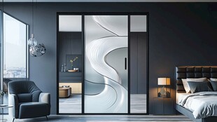 现代卧室中的艺术玻璃推拉门