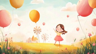 女孩在气球花海中欢笑