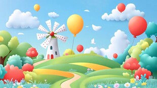 梦幻风车田园风景插画
