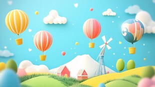 梦幻热气球田园风光图景