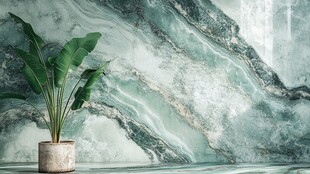 绿植点缀的大理石墙面景观