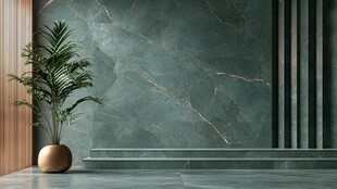 墨绿色大理石墙前的绿植