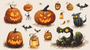 万圣节南瓜及鬼怪元素插画