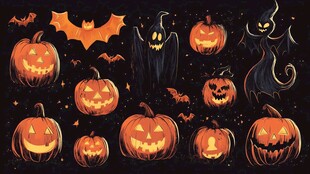 万圣节南瓜幽灵蝙蝠插画