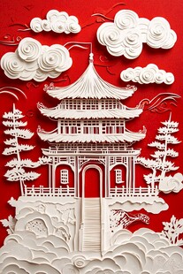 中式纸雕 亭台楼阁映祥云
