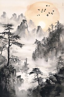 水墨山水间飞鸟伴日景