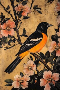 金底花鸟图 雀栖繁花间