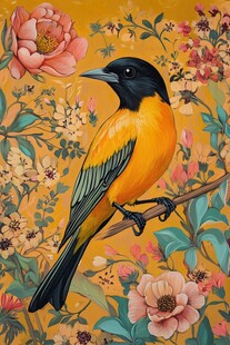栖于繁花间的美丽黄黑鸟