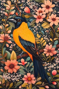 花丛中的黄黑相间鸟儿