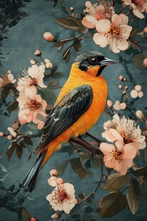 栖于繁花间的艳丽鸟儿