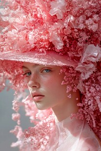 粉色繁花帽下的梦幻容颜