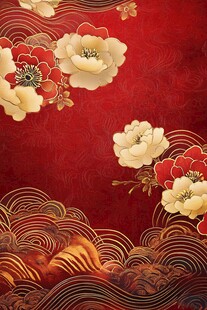 中式红底牡丹海浪纹图案