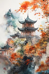 秋韵中的中式古典楼阁