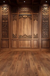 中式木雕墙面与木地板空间