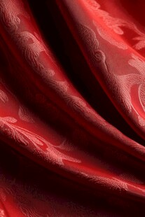 红色织锦布料纹理特写