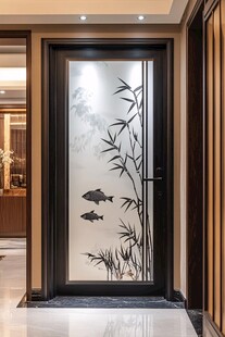 中式玻璃门 竹鱼雅致图案
