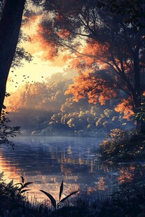 秋日湖畔梦幻森林美景