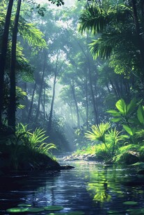 神秘雨林中的静谧溪流