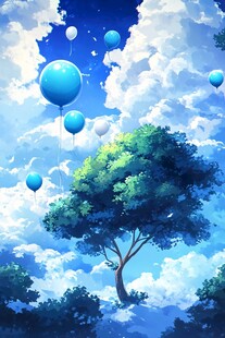 梦幻天空下的气球与绿树