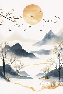 秋景山水图 飞鸟伴日