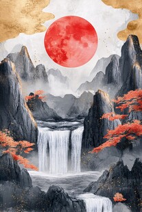 红日悬峰间 飞瀑映秋景