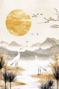 霜天鹤影 山间明月图