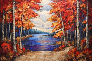 秋景油画 林间湖畔绚烂风光