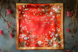 红色花卉图案精美丝巾
