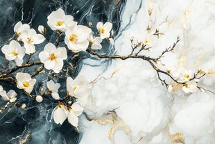 白玉兰花枝绽放于大理石上