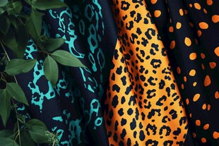 多彩豹纹布料与绿叶搭配