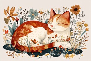 花丛中酣睡的可爱猫咪