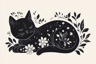 睡梦中的黑猫与花草图案