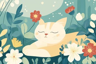 花丛中安睡的可爱猫咪