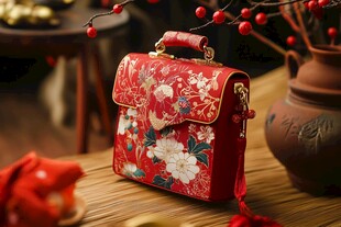 中式刺绣红色手提小包