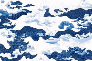 中式蓝白海浪云纹图案