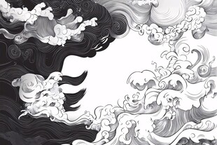 黑白海浪国风纹样插画