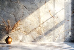 大理石墙边的金色花瓶摆件