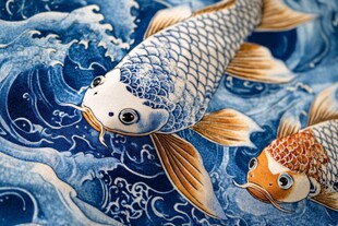 双锦鲤游弋于波涛之间