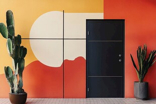 彩色墙前的黑色门与绿植