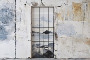 斑驳墙面中的独特艺术铁门