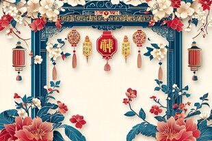 中式喜庆门楣 繁花灯笼饰