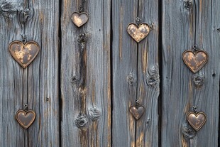 木墙上悬挂的复古爱心装饰