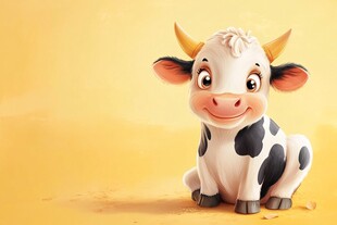 可爱卡通小牛坐于黄背景前
